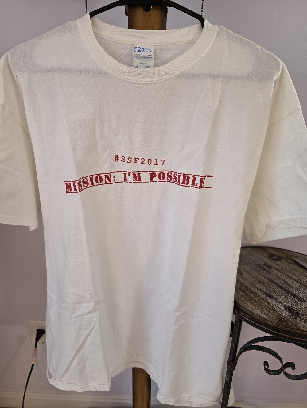 #2672, Men's Port & Company white graphic t-shirt size XL #SSF2017 mission: i'm